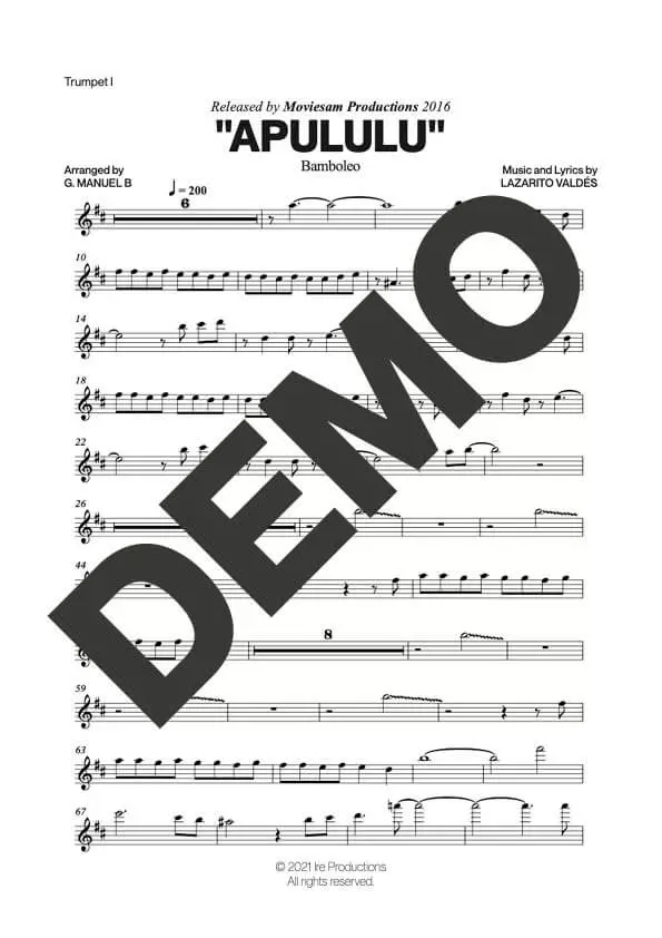 Bamboleo – Apululu – Sheet Music Demo Page 1 (PDF) – Includes charts for Trumpets, Trombones, Saxophone, Piano and Bass