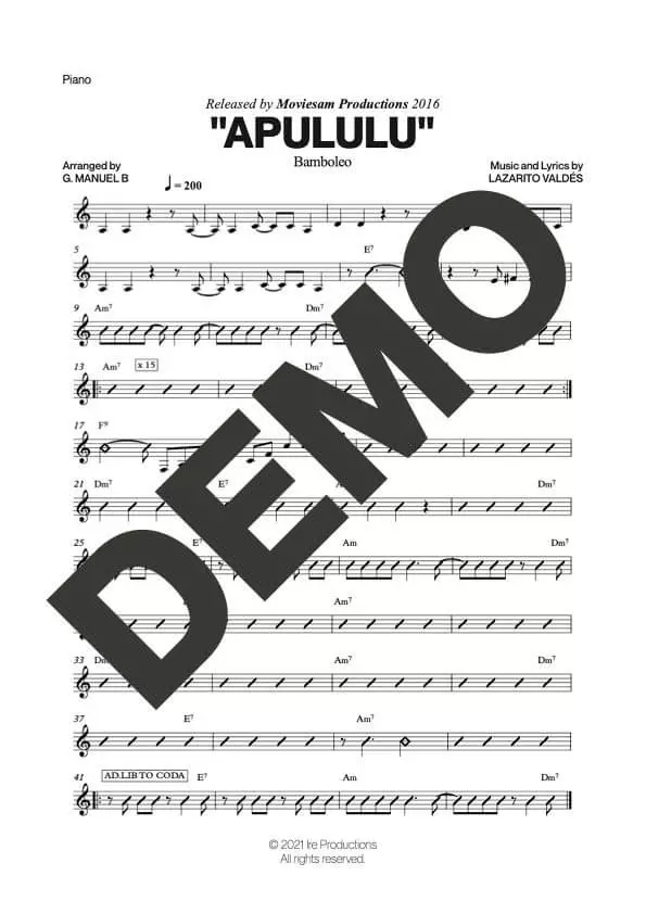 Bamboleo – Apululu – Sheet Music Demo Page 3 (PDF) – Includes charts for Trumpets, Trombones, Saxophone, Piano and Bass