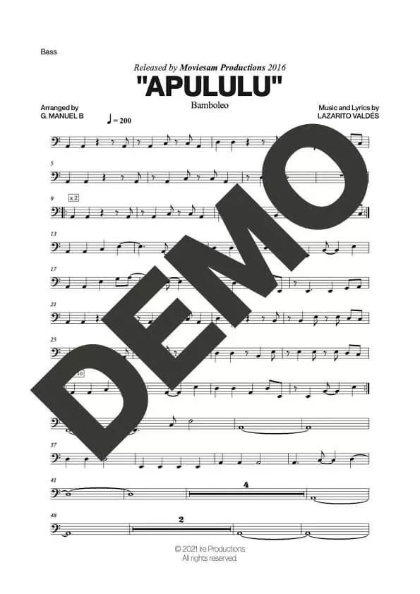 Bamboleo – Apululu – Sheet Music Demo Page 4 (PDF) – Includes charts for Trumpets, Trombones, Saxophone, Piano and Bass