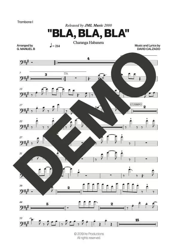 Charanga Habanera|Tirso Duarte – Bla, Bla, Bla – Sheet Music Demo Page 2 (PDF) – Includes charts for Trumpets, Trombones, Saxophone, Piano and Bass