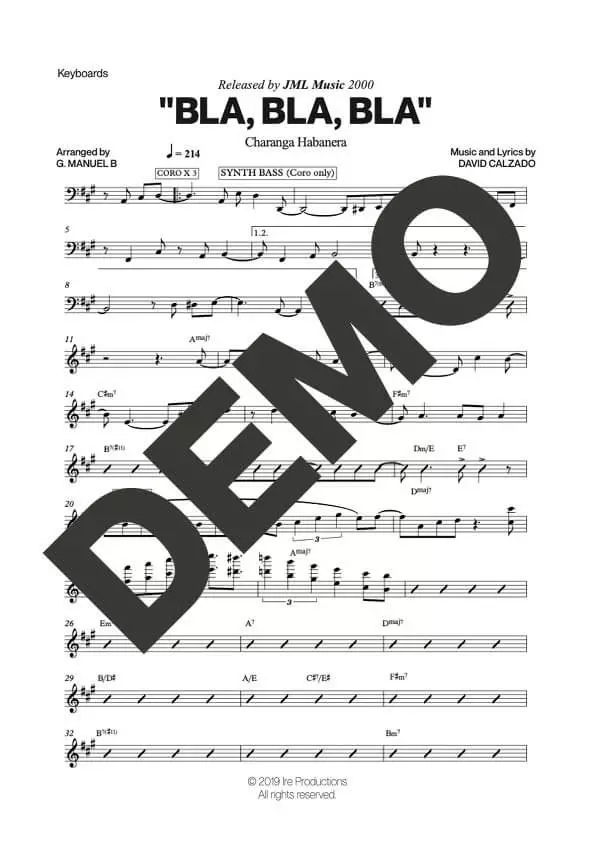 Charanga Habanera|Tirso Duarte – Bla, Bla, Bla – Sheet Music Demo Page 4 (PDF) – Includes charts for Trumpets, Trombones, Saxophone, Piano and Bass