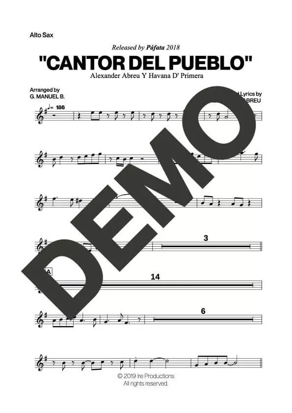 Havana D' Primera – Cantor del Pueblo – First Page of Sheet Music Preview (PDF) – Includes charts for Trumpets, Trombones, Saxophone, Piano and Bass