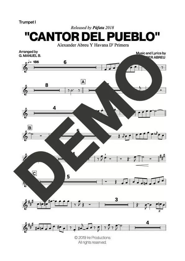 Havana D' Primera – Cantor del Pueblo – Sheet Music Demo Page 1 (PDF) – Includes charts for Trumpets, Trombones, Saxophone, Piano and Bass