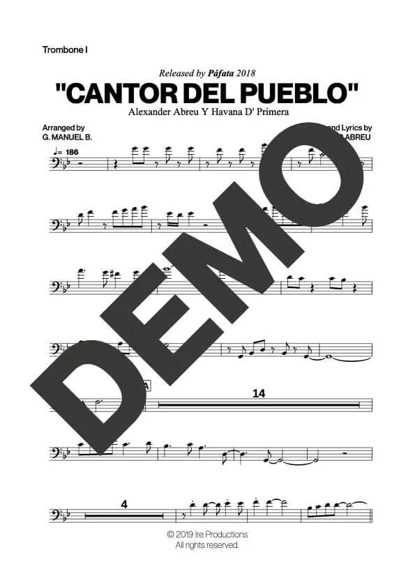 Havana D' Primera – Cantor del Pueblo – Sheet Music Demo Page 2 (PDF) – Includes charts for Trumpets, Trombones, Saxophone, Piano and Bass