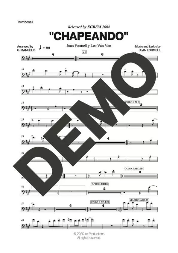 Los Van Van – Chapeando – Sheet Music Demo Page 1 (PDF) – Includes charts for Trumpets, Trombones, Saxophone, Piano and Bass