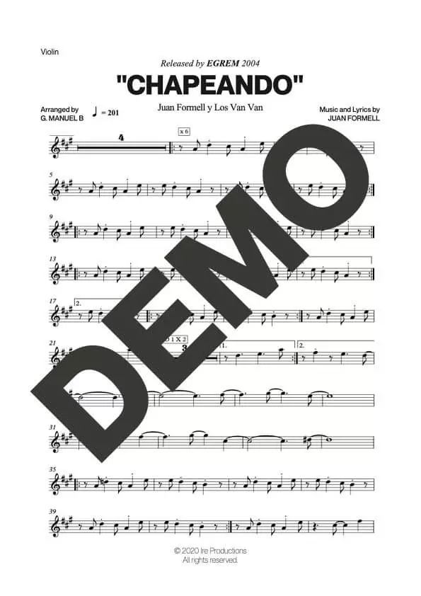 Los Van Van – Chapeando – Sheet Music Demo Page 2 (PDF) – Includes charts for Trumpets, Trombones, Saxophone, Piano and Bass