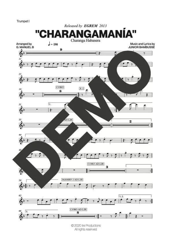 Charanga Habanera – Charangamanía – Sheet Music Demo Page 1 (PDF) – Includes charts for Trumpets, Trombones, Saxophone, Piano and Bass