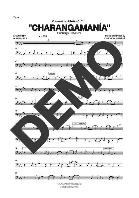 Charanga Habanera – Charangamanía – Sheet Music Demo Page 5 (PDF) – Includes charts for Trumpets, Trombones, Saxophone, Piano and Bass