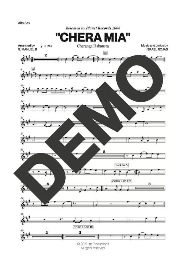 Charanga Habanera – Chera Mia – First Page of Sheet Music Preview (PDF) – Includes charts for Trumpets, Trombones, Saxophone, Piano and Bass