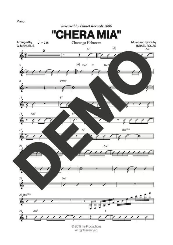 Charanga Habanera – Chera Mia – Sheet Music Demo Page 3 (PDF) – Includes charts for Trumpets, Trombones, Saxophone, Piano and Bass