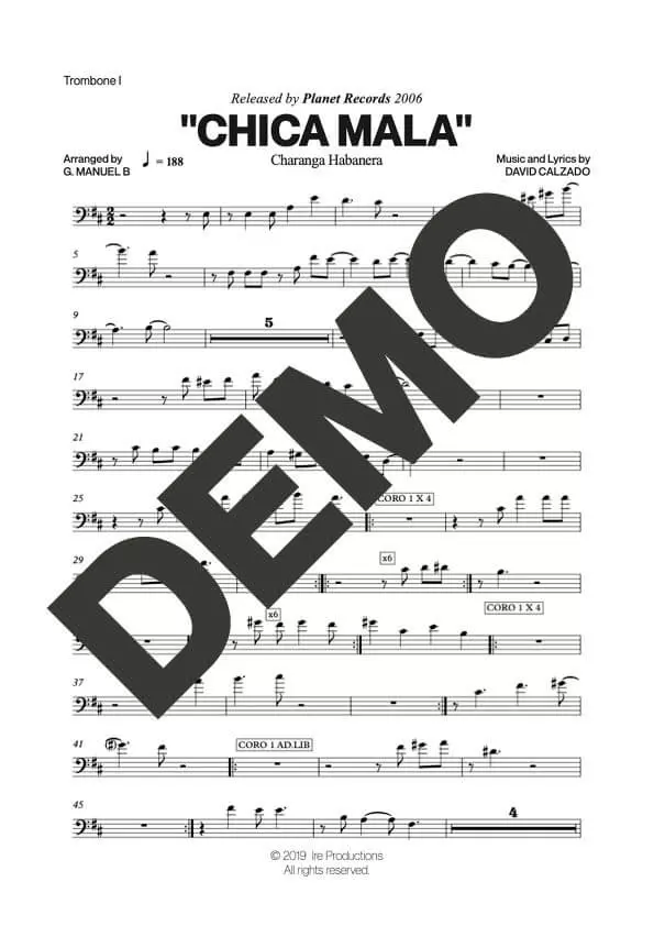 Charanga Habanera – Chica Mala – Sheet Music Demo Page 2 (PDF) – Includes charts for Trumpets, Trombones, Saxophone, Piano and Bass