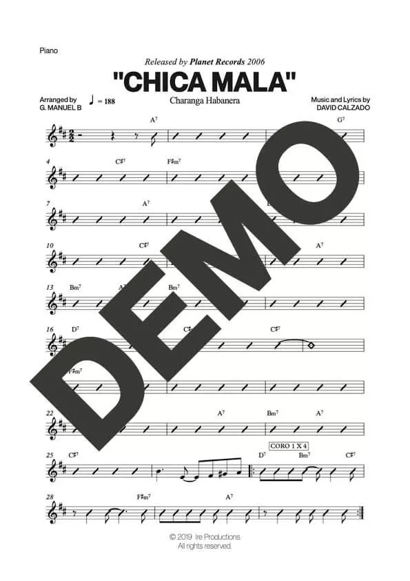 Charanga Habanera – Chica Mala – Sheet Music Demo Page 3 (PDF) – Includes charts for Trumpets, Trombones, Saxophone, Piano and Bass