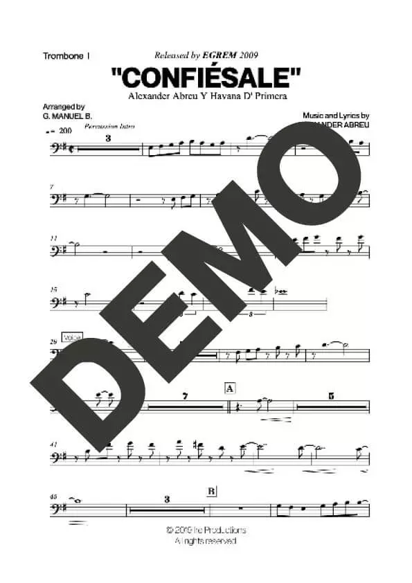 Havana D' Primera – Confiésale – First Page of Sheet Music Preview (PDF) – Includes charts for Trumpets, Trombones, Saxophone, Piano and Bass