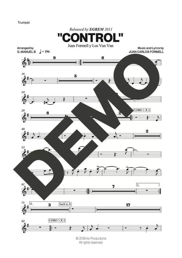 Los Van Van|Mayito Rivera – Control – Sheet Music Demo Page 1 (PDF) – Includes charts for Trumpets, Trombones, Saxophone, Piano and Bass