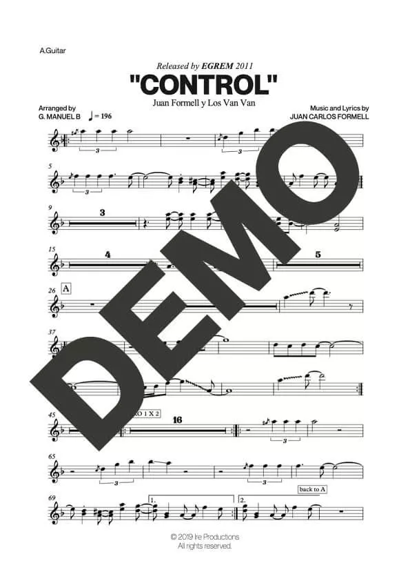 Los Van Van|Mayito Rivera – Control – Sheet Music Demo Page 4 (PDF) – Includes charts for Trumpets, Trombones, Saxophone, Piano and Bass