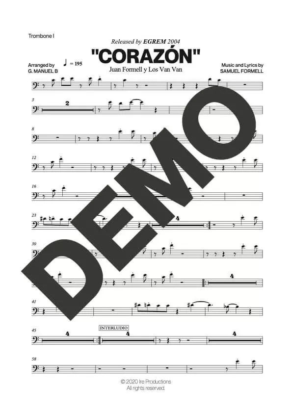 Los Van Van – Corazón – Sheet Music Demo Page 1 (PDF) – Includes charts for Trumpets, Trombones, Saxophone, Piano and Bass