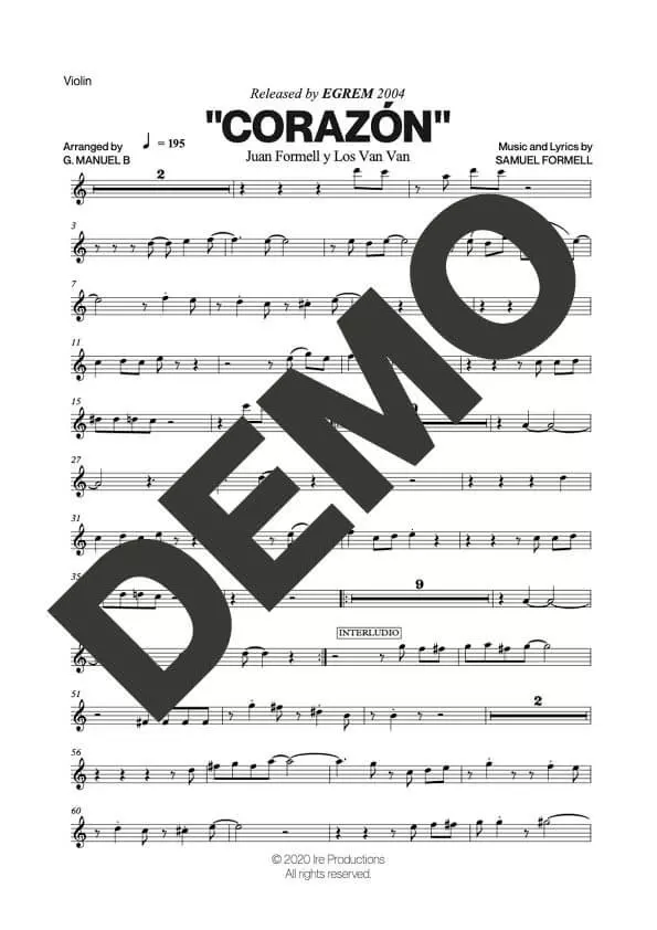 Los Van Van – Corazón – Sheet Music Demo Page 2 (PDF) – Includes charts for Trumpets, Trombones, Saxophone, Piano and Bass