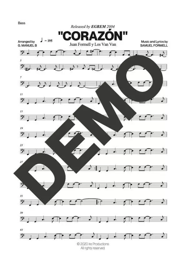Los Van Van – Corazón – Sheet Music Demo Page 5 (PDF) – Includes charts for Trumpets, Trombones, Saxophone, Piano and Bass