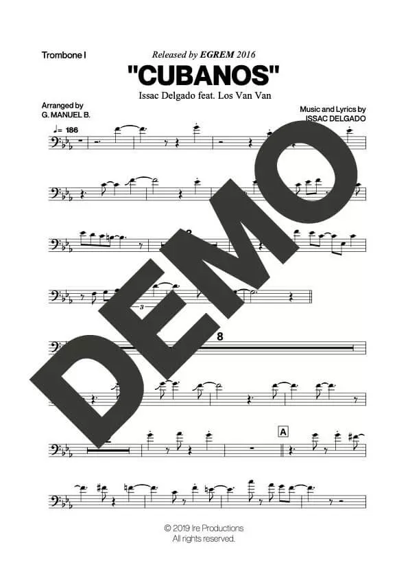 Issac Delgado|Los Van Van – Cubanos feat. Los Van Van – Sheet Music Demo Page 1 (PDF) – Includes charts for Trumpets, Trombones, Saxophone, Piano and Bass