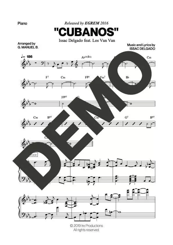 Issac Delgado|Los Van Van – Cubanos feat. Los Van Van – Sheet Music Demo Page 3 (PDF) – Includes charts for Trumpets, Trombones, Saxophone, Piano and Bass