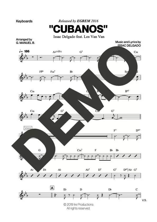 Issac Delgado|Los Van Van – Cubanos feat. Los Van Van – Sheet Music Demo Page 4 (PDF) – Includes charts for Trumpets, Trombones, Saxophone, Piano and Bass