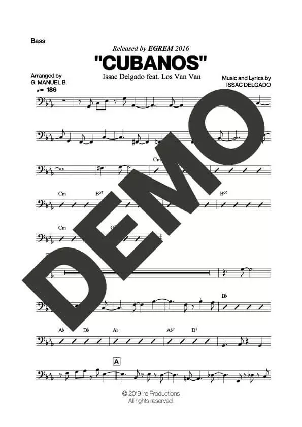 Issac Delgado|Los Van Van – Cubanos feat. Los Van Van – Sheet Music Demo Page 5 (PDF) – Includes charts for Trumpets, Trombones, Saxophone, Piano and Bass