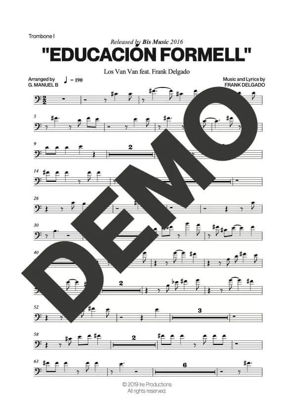 Los Van Van – Educación Formell – Sheet Music Demo Page 1 (PDF) – Includes charts for Trumpets, Trombones, Saxophone, Piano and Bass