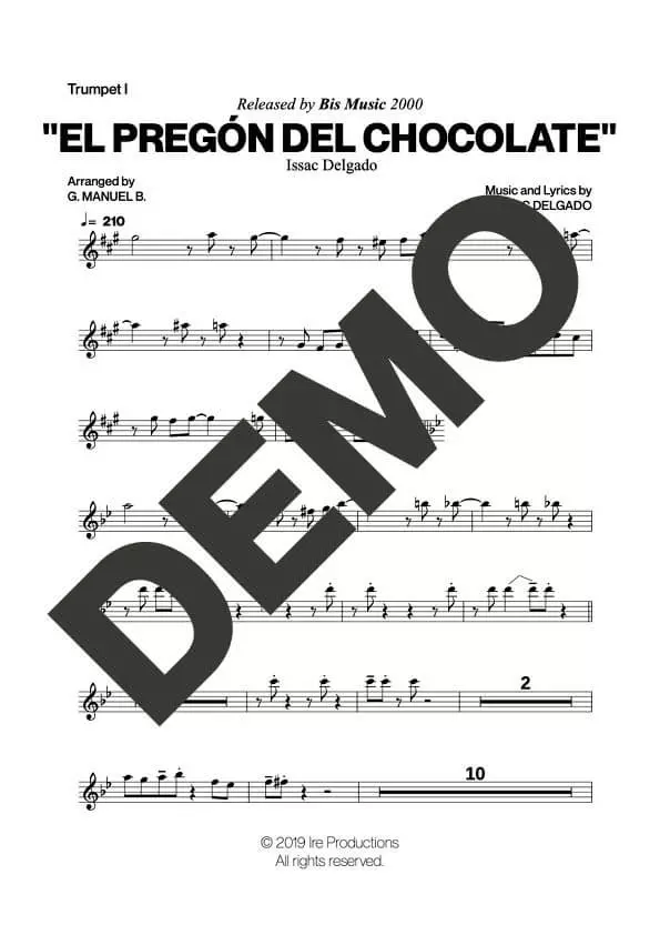 Issac Delgado – El Pregón del Chocolate – First Page of Sheet Music Preview (PDF) – Includes charts for Trumpets, Trombones, Saxophone, Piano and Bass