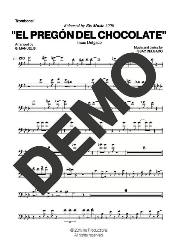 Issac Delgado – El Pregón del Chocolate – Sheet Music Demo Page 1 (PDF) – Includes charts for Trumpets, Trombones, Saxophone, Piano and Bass
