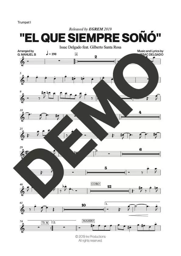 Issac Delgado – El Que Siempre Soñó – Sheet Music Demo Page 1 (PDF) – Includes charts for Trumpets, Trombones, Saxophone, Piano and Bass