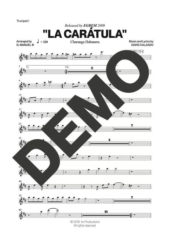 Charanga Habanera – La Carátula – Sheet Music Demo Page 1 (PDF) – Includes charts for Trumpets, Trombones, Saxophone, Piano and Bass