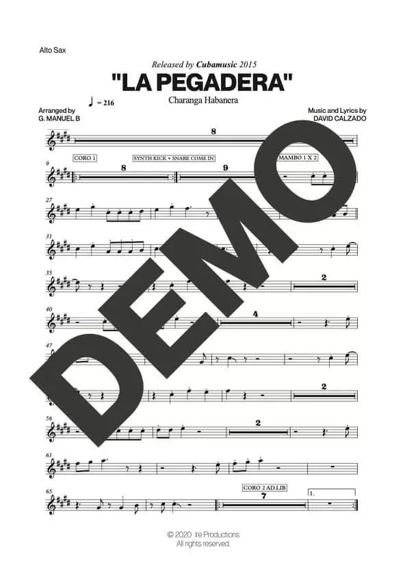 Charanga Habanera – La Pegadera – First Page of Sheet Music Preview (PDF) – Includes charts for Trumpets, Trombones, Saxophone, Piano and Bass