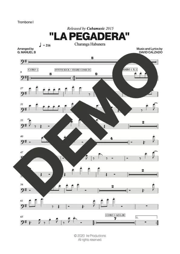 Charanga Habanera – La Pegadera – Sheet Music Demo Page 2 (PDF) – Includes charts for Trumpets, Trombones, Saxophone, Piano and Bass