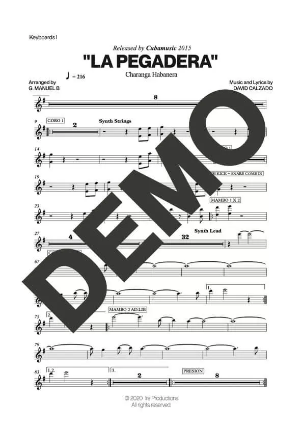 Charanga Habanera – La Pegadera – Sheet Music Demo Page 4 (PDF) – Includes charts for Trumpets, Trombones, Saxophone, Piano and Bass