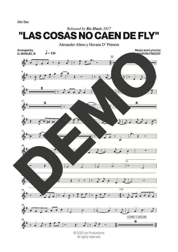 Havana D' Primera – Las Cosas No Caen de Fly – First Page of Sheet Music Preview (PDF) – Includes charts for Trumpets, Trombones, Saxophone, Piano and Bass