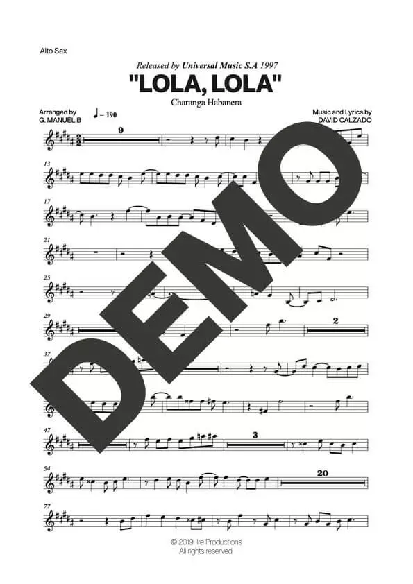 Charanga Habanera – Lola, Lola – First Page of Sheet Music Preview (PDF) – Includes charts for Trumpets, Trombones, Saxophone, Piano and Bass