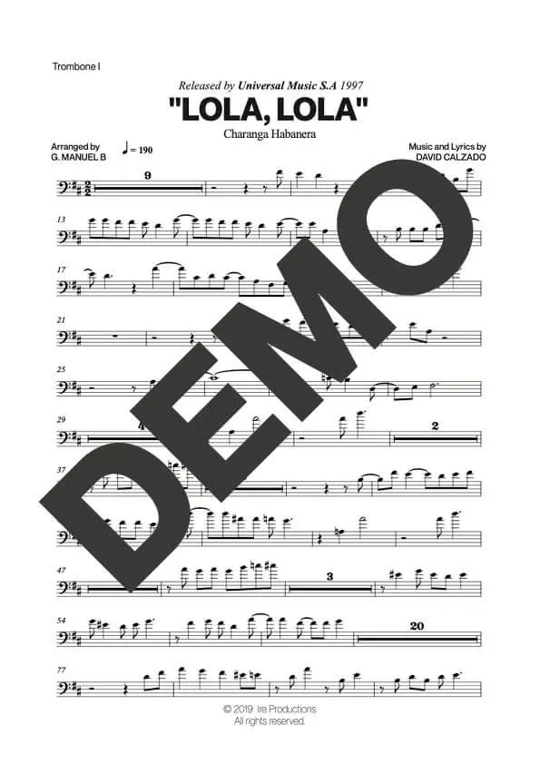 Charanga Habanera – Lola, Lola – Sheet Music Demo Page 2 (PDF) – Includes charts for Trumpets, Trombones, Saxophone, Piano and Bass