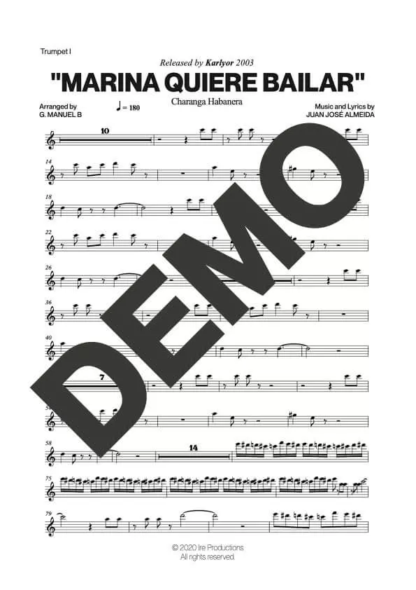 Charanga Habanera – Marina Quiere Bailar – Sheet Music Demo Page 1 (PDF) – Includes charts for Trumpets, Trombones, Saxophone, Piano and Bass