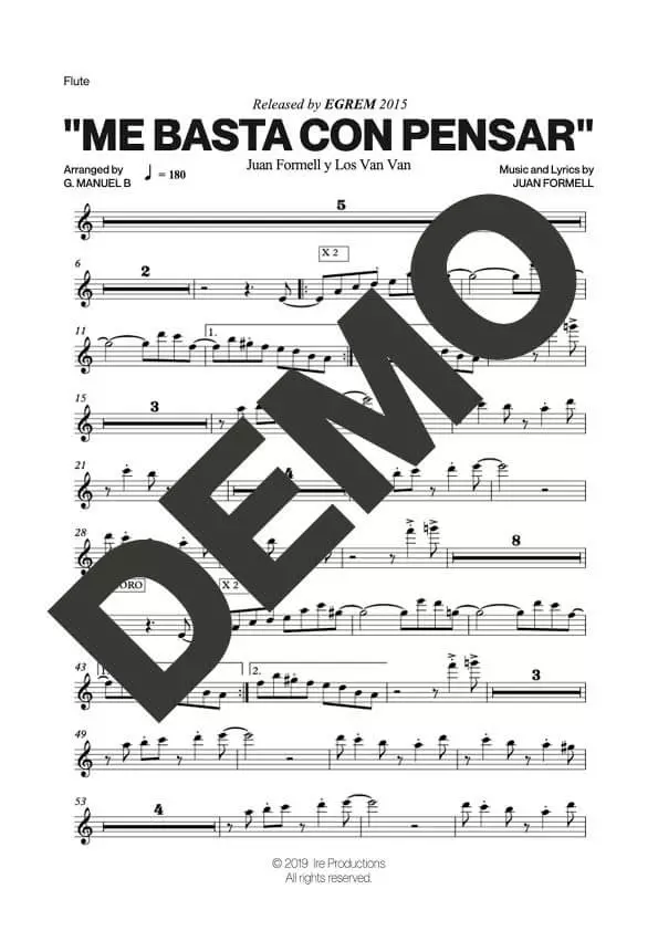 Los Van Van – Me Basta con Pensar – Sheet Music Demo Page 4 (PDF) – Includes charts for Trumpets, Trombones, Saxophone, Piano and Bass