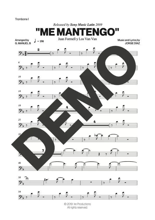Los Van Van – Me Mantengo – Sheet Music Demo Page 1 (PDF) – Includes charts for Trumpets, Trombones, Saxophone, Piano and Bass