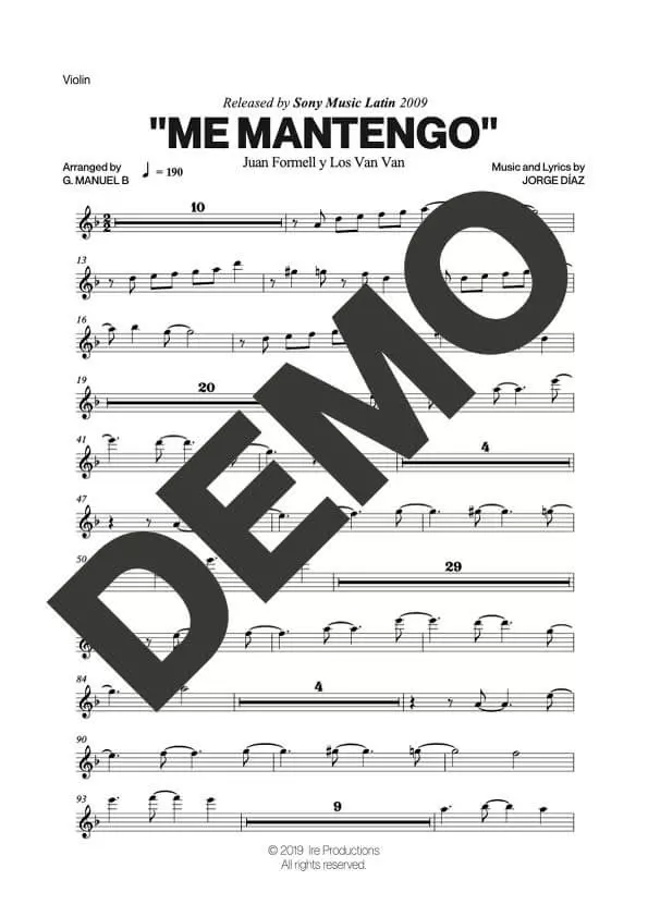 Los Van Van – Me Mantengo – Sheet Music Demo Page 2 (PDF) – Includes charts for Trumpets, Trombones, Saxophone, Piano and Bass