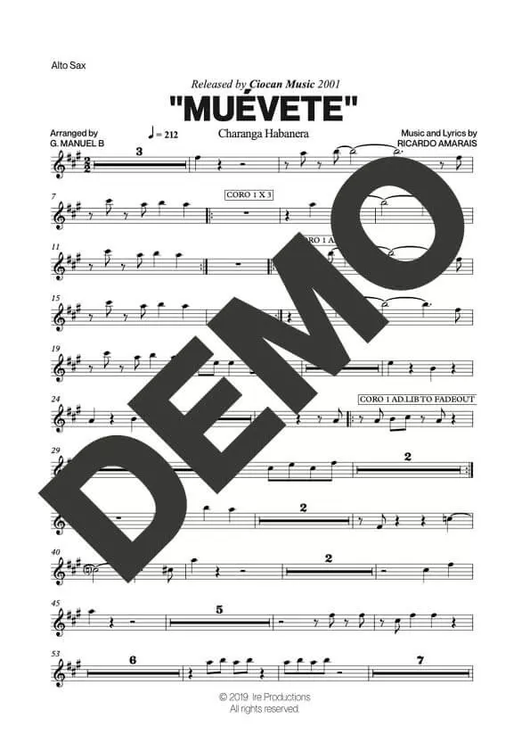 Charanga Habanera – Muévete – First Page of Sheet Music Preview (PDF) – Includes charts for Trumpets, Trombones, Saxophone, Piano and Bass