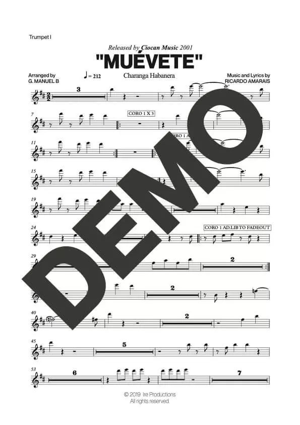 Charanga Habanera – Muévete – Sheet Music Demo Page 1 (PDF) – Includes charts for Trumpets, Trombones, Saxophone, Piano and Bass