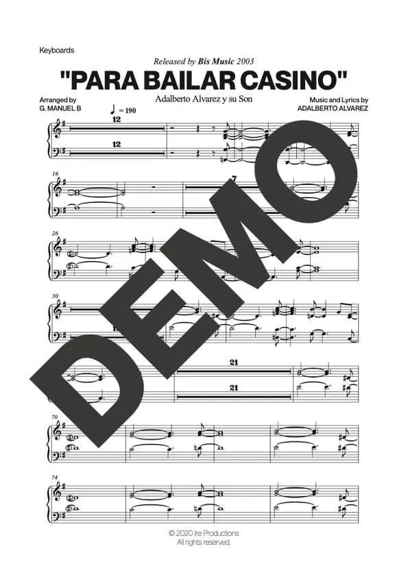 Adalberto Álvarez y Su Son – Para Bailar Casino – Sheet Music Demo Page 4 (PDF) – Includes charts for Trumpets, Trombones, Saxophone, Piano and Bass