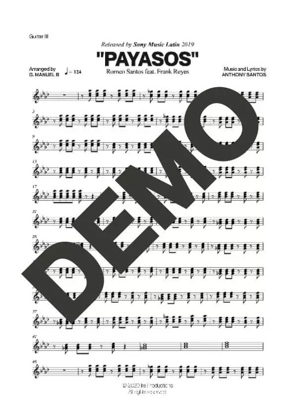 Romeo Santos – Payasos feat. Frank Reyes – Sheet Music Demo Page 2 (PDF) – Includes charts for Trumpets, Trombones, Saxophone, Piano and Bass
