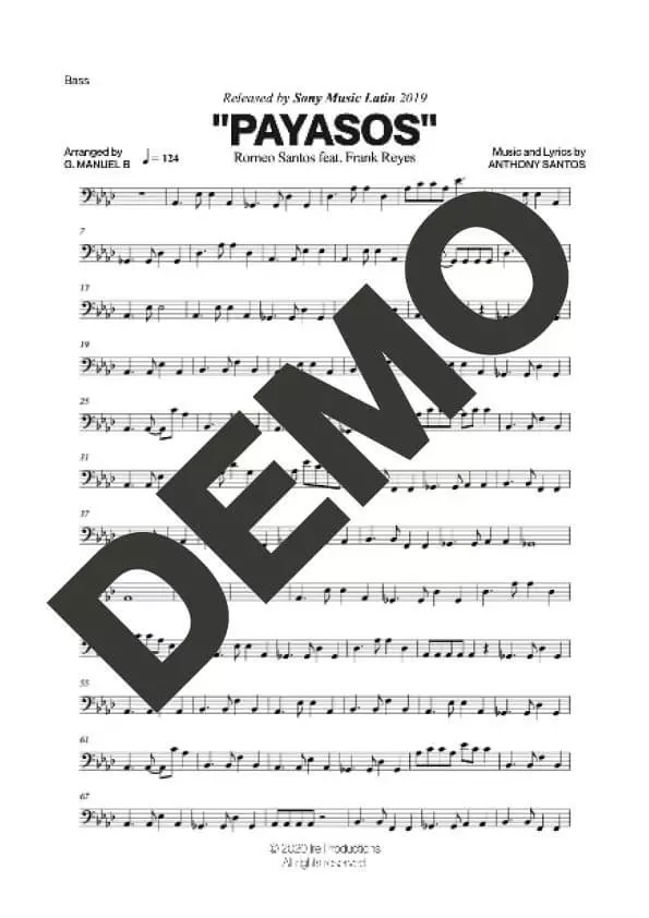 Romeo Santos – Payasos feat. Frank Reyes – Sheet Music Demo Page 3 (PDF) – Includes charts for Trumpets, Trombones, Saxophone, Piano and Bass