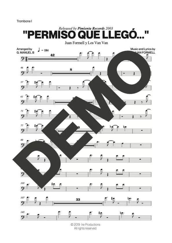 Los Van Van – Permiso que Llegó Van Van – Sheet Music Demo Page 1 (PDF) – Includes charts for Trumpets, Trombones, Saxophone, Piano and Bass