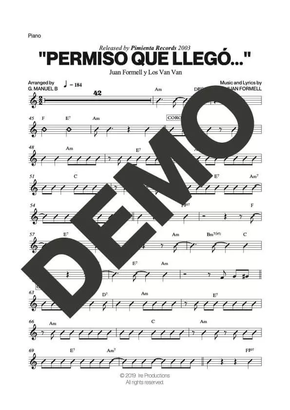 Los Van Van – Permiso que Llegó Van Van – Sheet Music Demo Page 3 (PDF) – Includes charts for Trumpets, Trombones, Saxophone, Piano and Bass