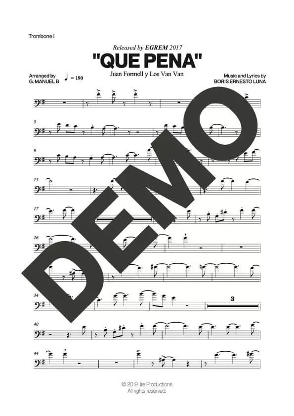Los Van Van|Mandy Cantero – Que Pena – Sheet Music Demo Page 1 (PDF) – Includes charts for Trumpets, Trombones, Saxophone, Piano and Bass