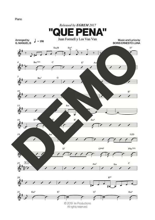 Los Van Van|Mandy Cantero – Que Pena – Sheet Music Demo Page 3 (PDF) – Includes charts for Trumpets, Trombones, Saxophone, Piano and Bass